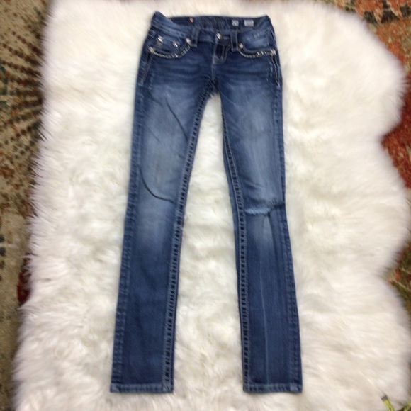 MISS ME Bling Jeans Signature Straight Denim Distressed Stretch Med Wash 24x31 - Picture 2 of 11